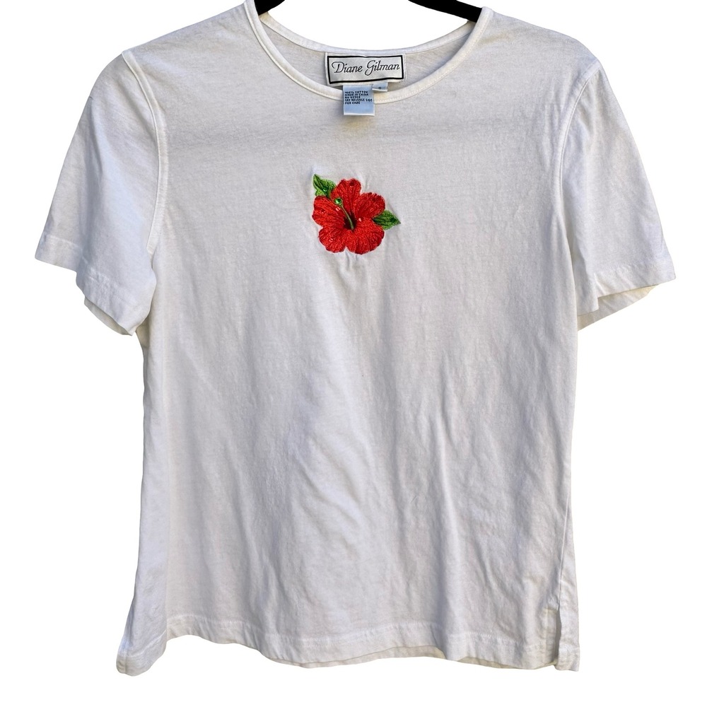 Diane Gilman White Cotton T-Shirt Red Hibiscus Sequin Embroidered Floral Small